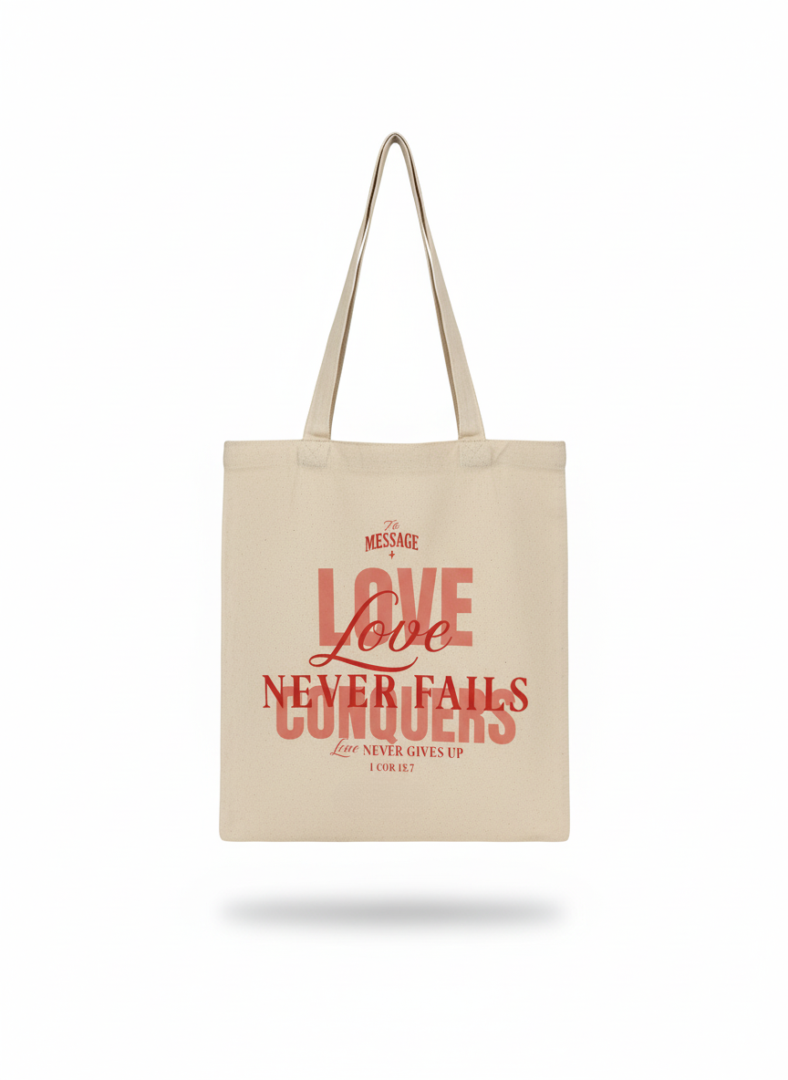 LOVE NEVER FAILS TOTE