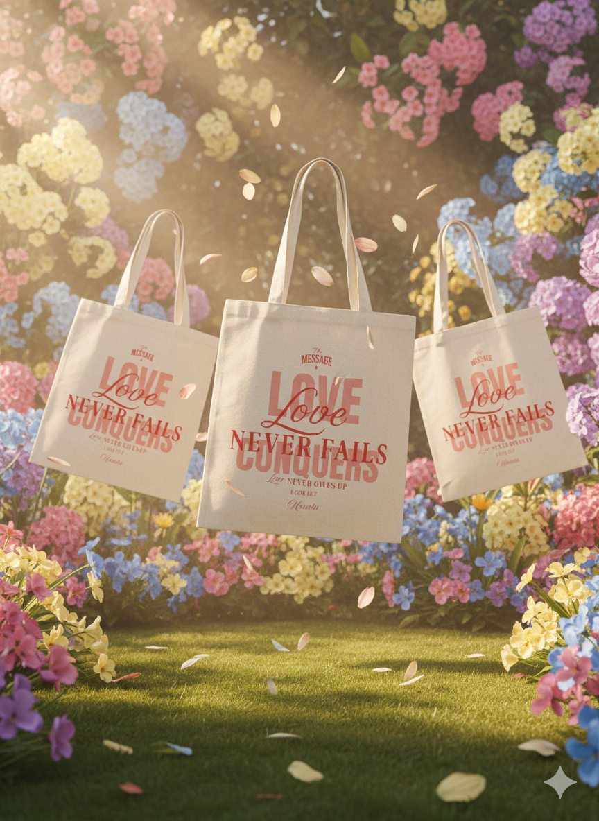 LOVE NEVER FAILS TOTE